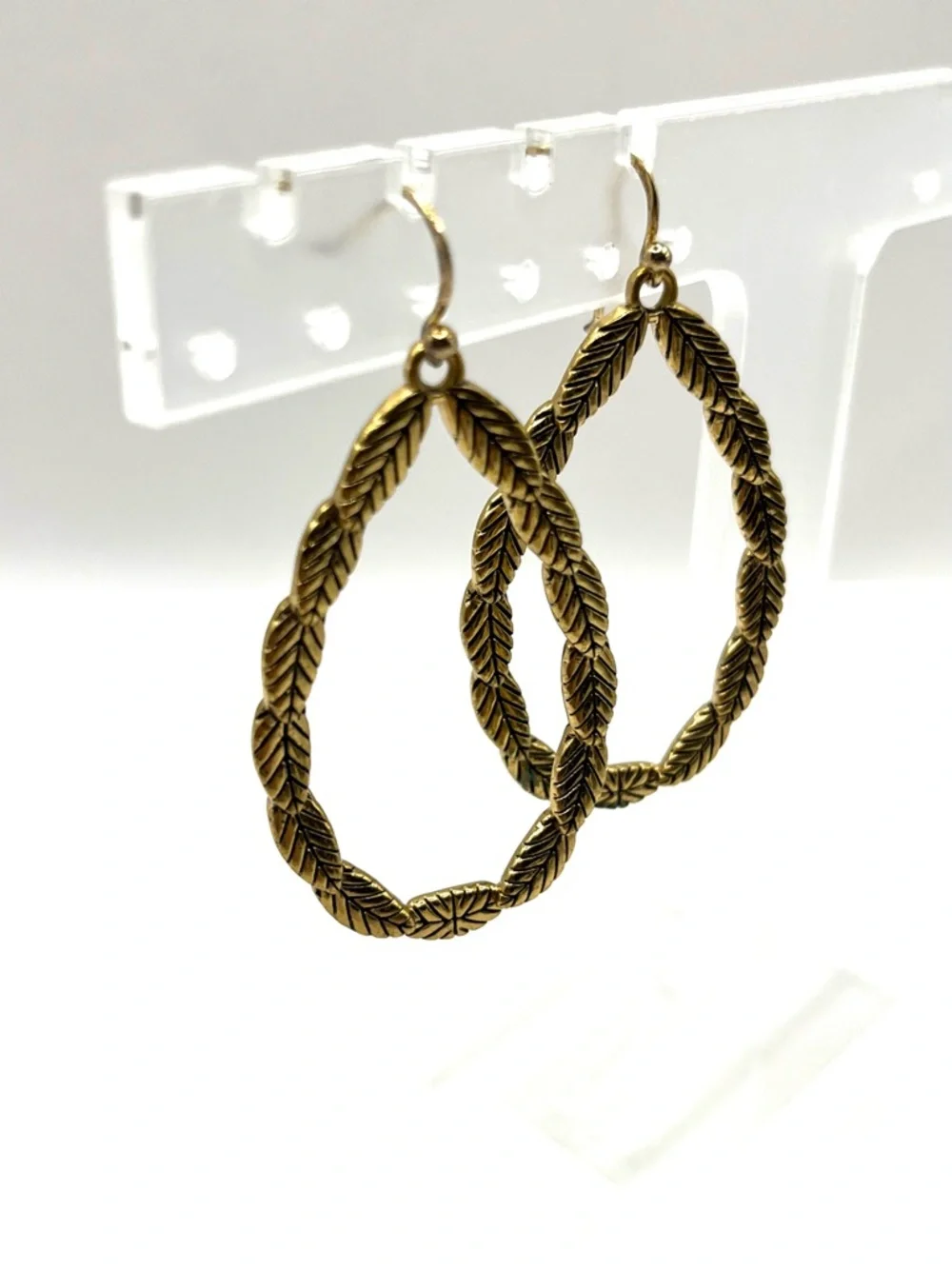 Barse Teardrop Leaf Link Earrings Gold Vermeil 925 Sterling Silver Hoop Large - Picture 6 of 14